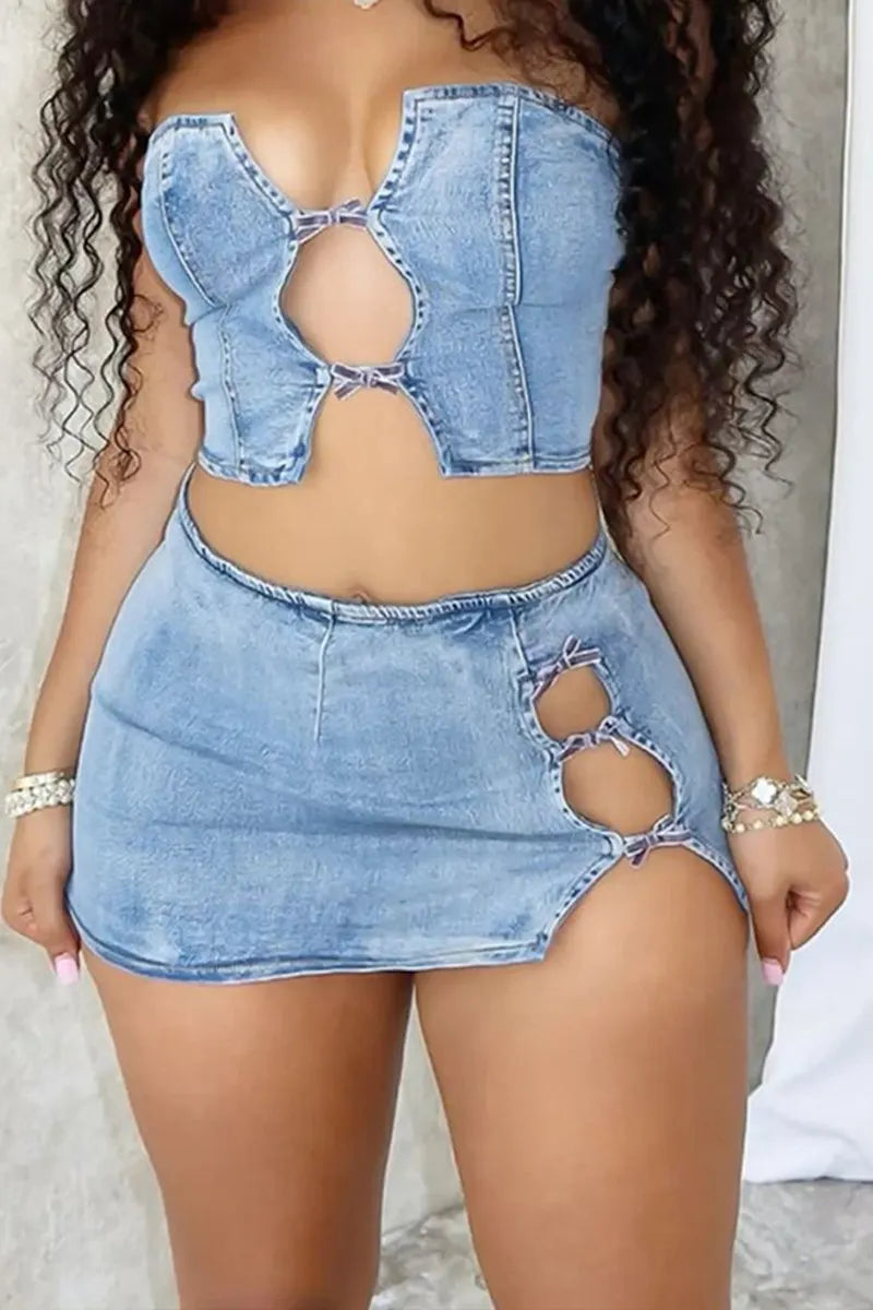 Ladies' Fashionable Casual Sexy Denim Top And Denim Shorts