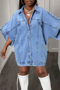 Women Casual Oversized Batwing Short Sleeve Button Down Denim Shirt Mini Dress
