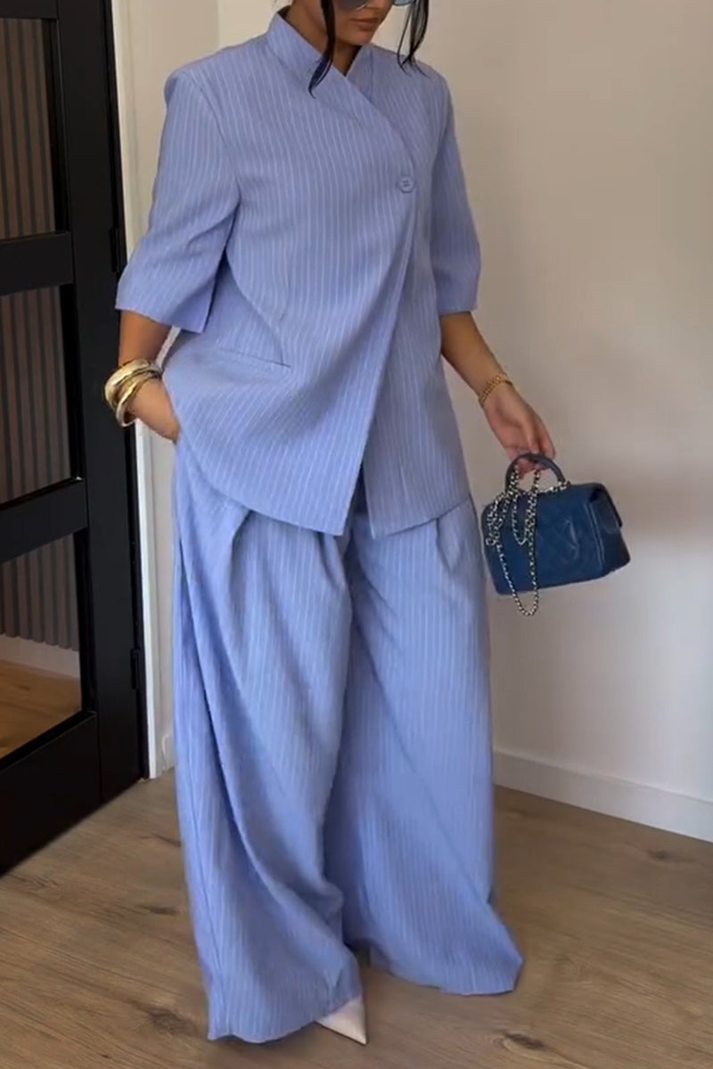 Women's Simple Urban Short Sleeve Stripe Blazer Pants Two-Piece Set