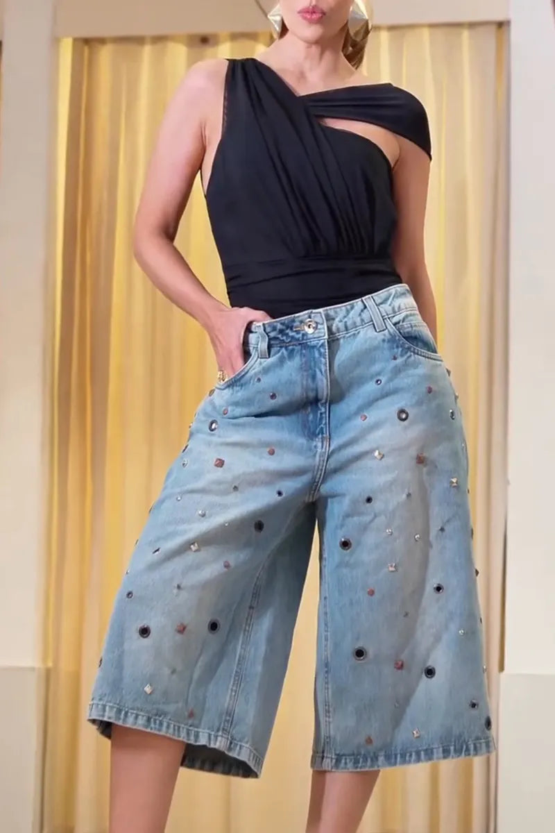 Women's Elegant Asymmetric Pleated Top or Rhinestone Metal Cutout Cropped Jeans