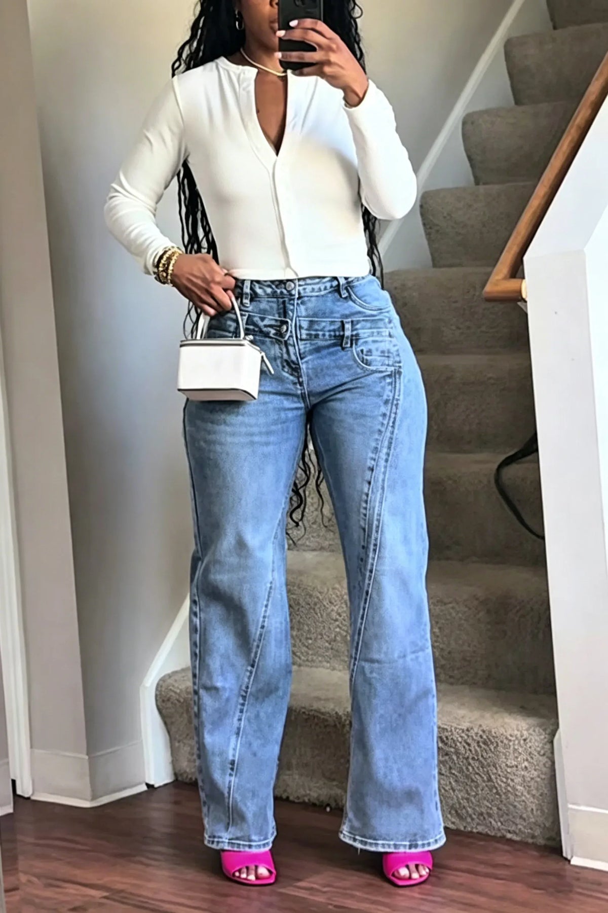 Women's Fashion Double Waist Panel-Design Jeans