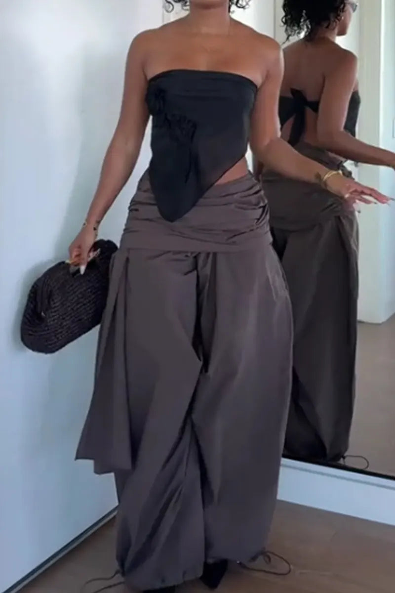 Women's Loose Fit Wide Leg Trousers With Waist Tie