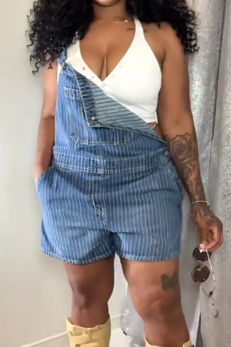 Women's Printed Striped Color Block Short Loose Denim Overalls