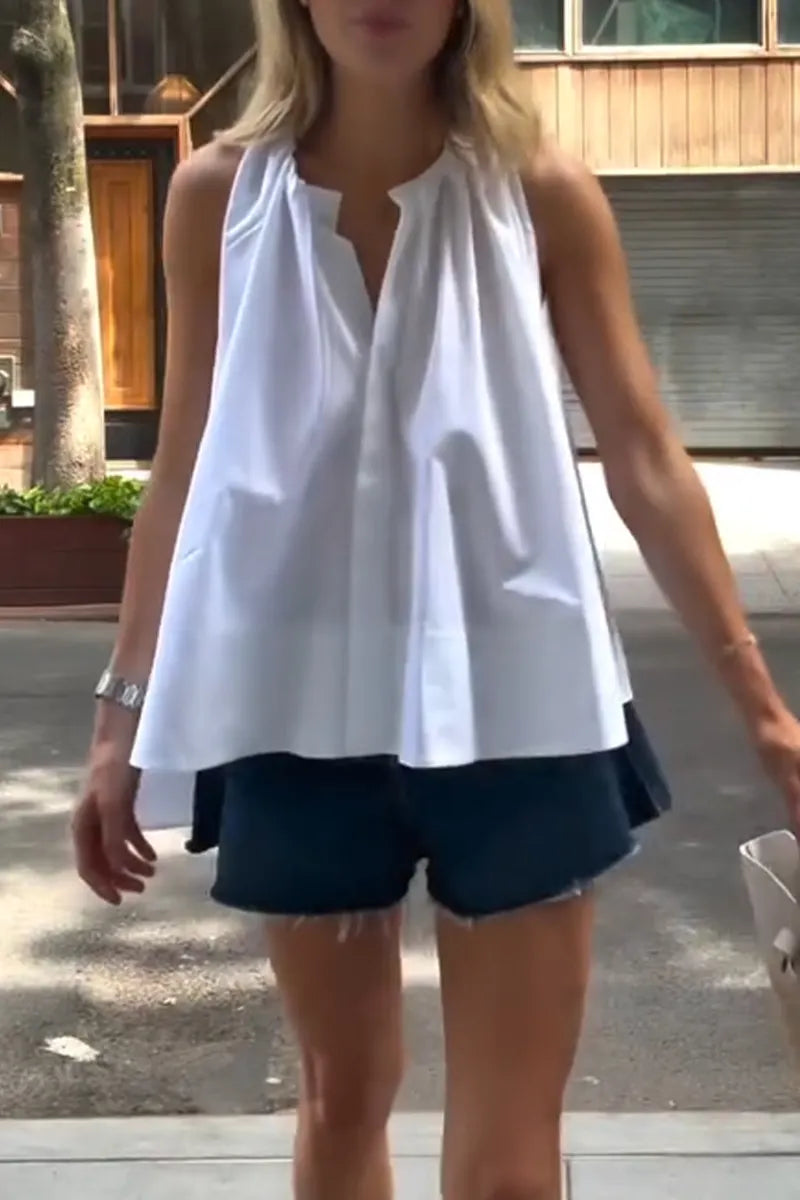Women Round Neck Solid Color Irregular Casual Top