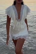 Women's Deep V-neck Lace Pattern Patchwork Elegant Temperament Dress