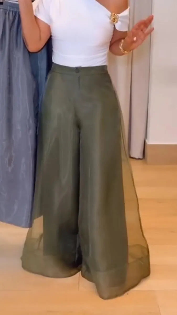 Women Patchwork Chiffon Solid Color Casual Wide Leg Pants