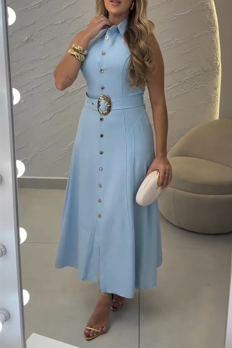 Women's Casual Button Sleeveless Midi Dress with Belt