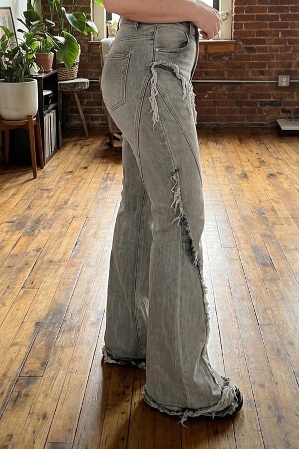 Women's Vintage Washed Wide Leg Flare Jeans High Waisted Distressed Raw Hem Fringe Seam Y2K Baggy Denim Pants