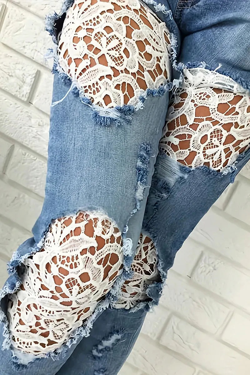 Women Distressed Ripped Jeans with White Floral Lace Patch Insert