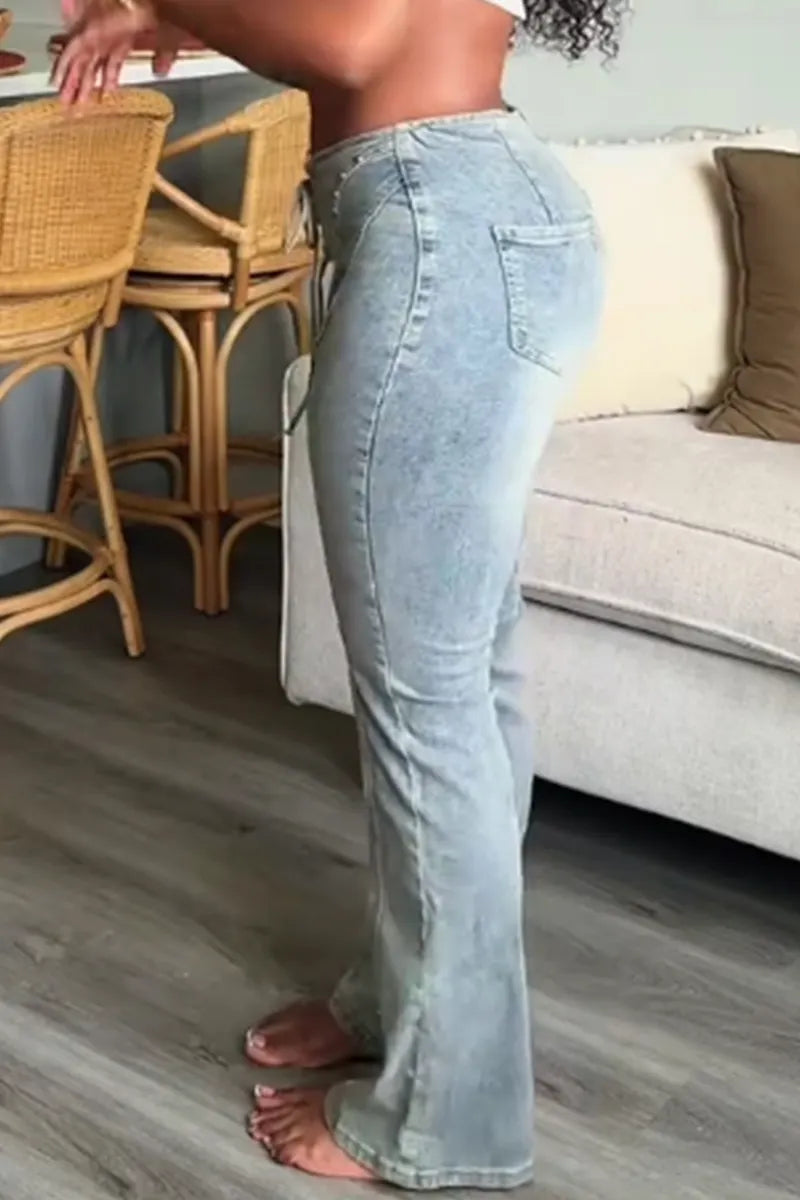 Women's Street Style Drawstring Studded Skinny Flare Jeans