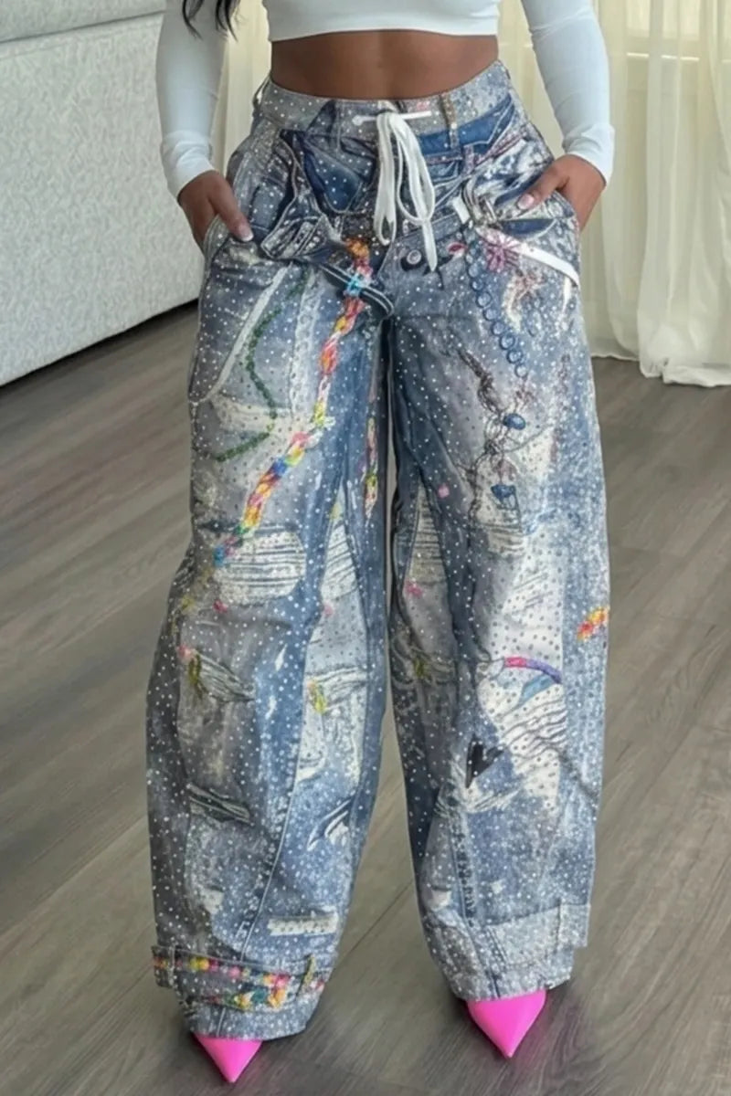 Women's Street Style Printed Rhinestone Wide Leg Jeans