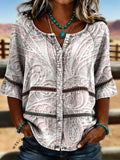 Women's Vintage Floral Print Casual Hollow-Out Denim Shirt