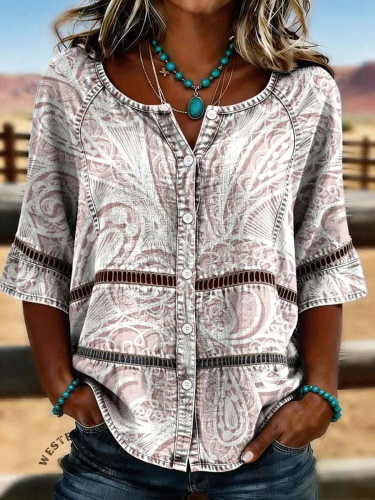 Women's Vintage Floral Print Casual Hollow-Out Denim Shirt
