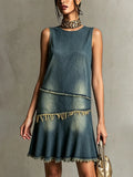Retro Casual Sleeveless Frayed Denim Dress
