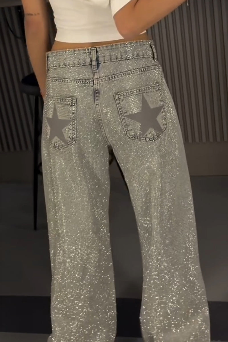 Women's Fashion Rhinestone Star Pattern Jeans
