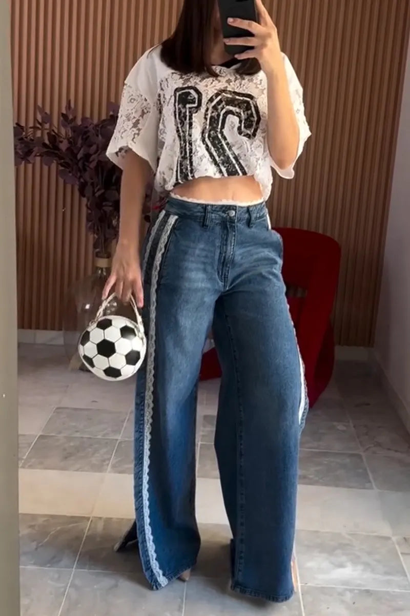 Women's Casual Lace Trim Panel Snap Slit Jeans