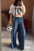 Women's Casual Lace Trim Panel Snap Slit Jeans