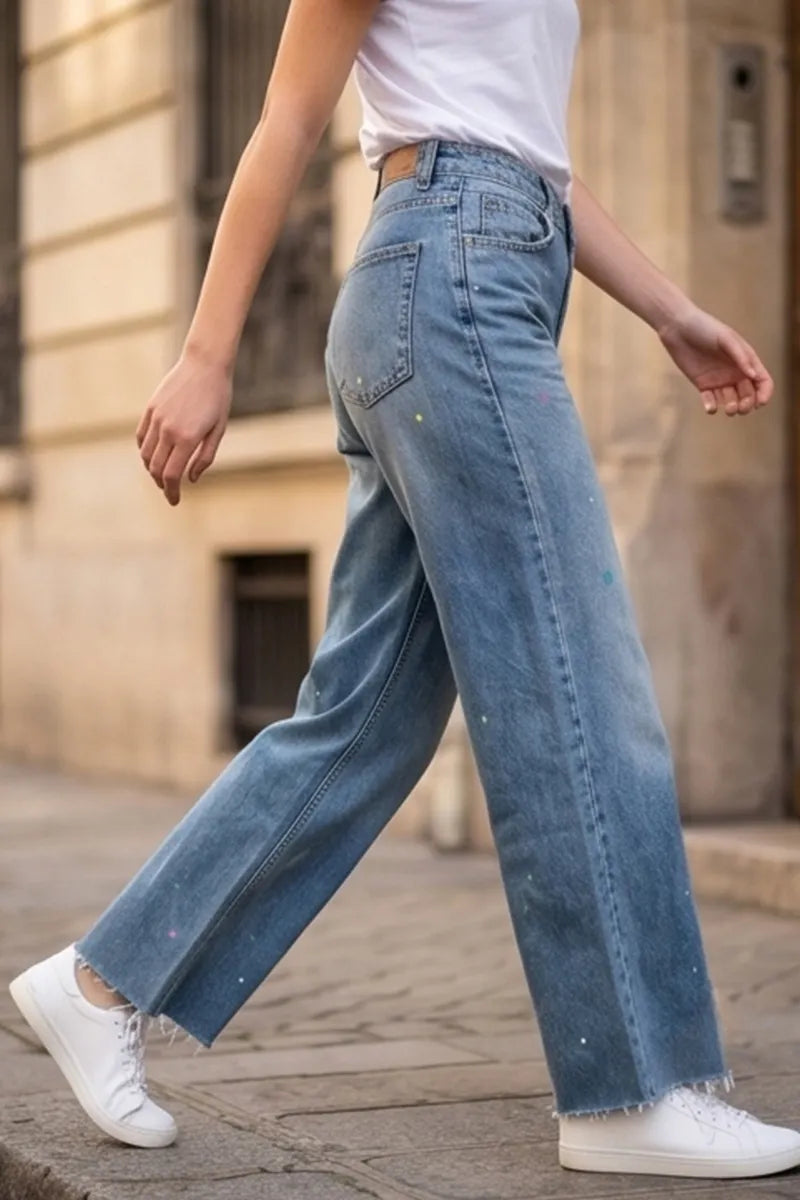 Women's Casual Spray Painted White Polka Dot Wide Leg Jeans