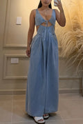 Women's Casual Waist Cut-Out Denim Wide Leg Jumpsuit