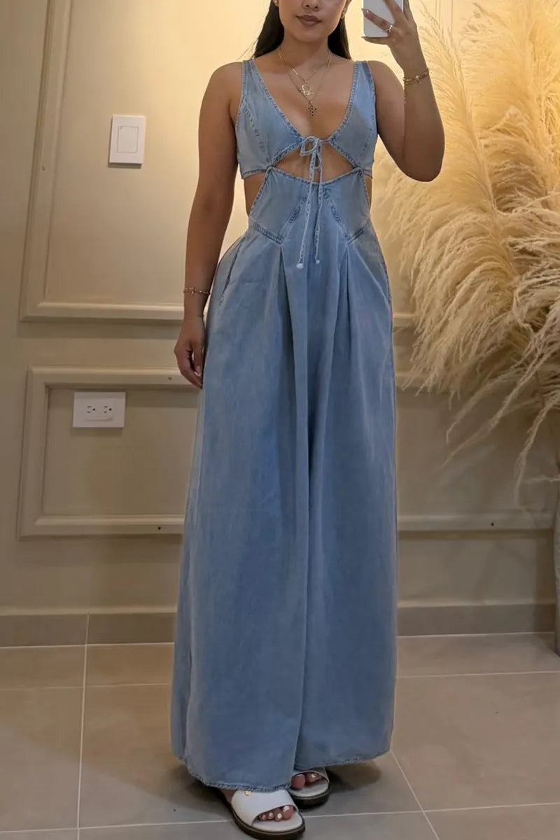 Women's Casual Waist Cut-Out Denim Wide Leg Jumpsuit