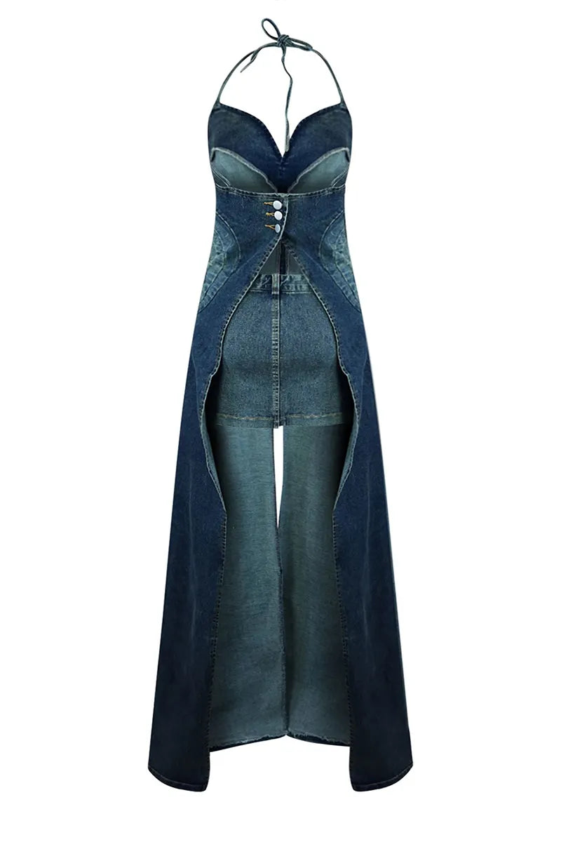 Women's Y2k Style Floor Length Denim Dress With A Bodycon Design