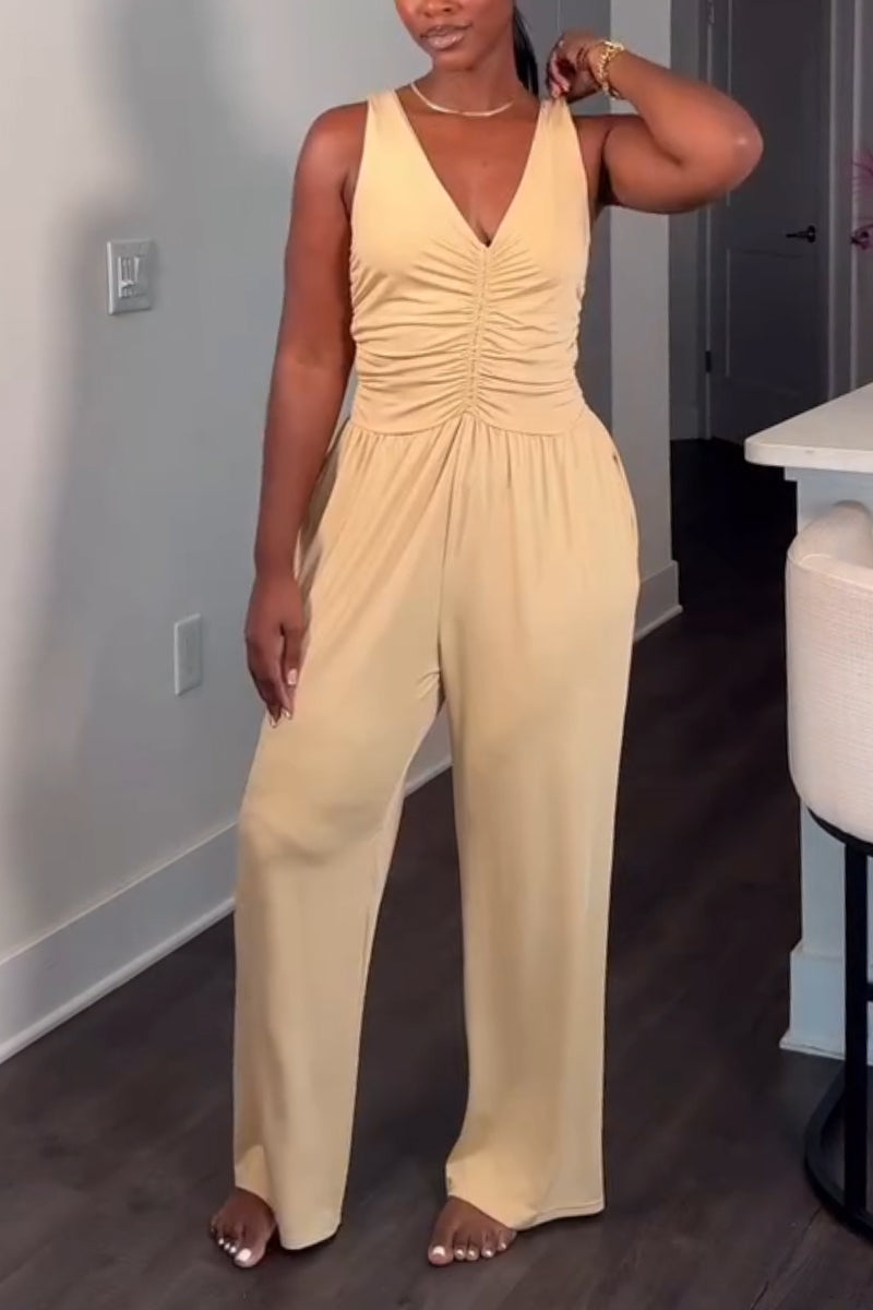 Women's Deep V-neck Solid Color Sleeveless Patchwork Casual Jumpsuit