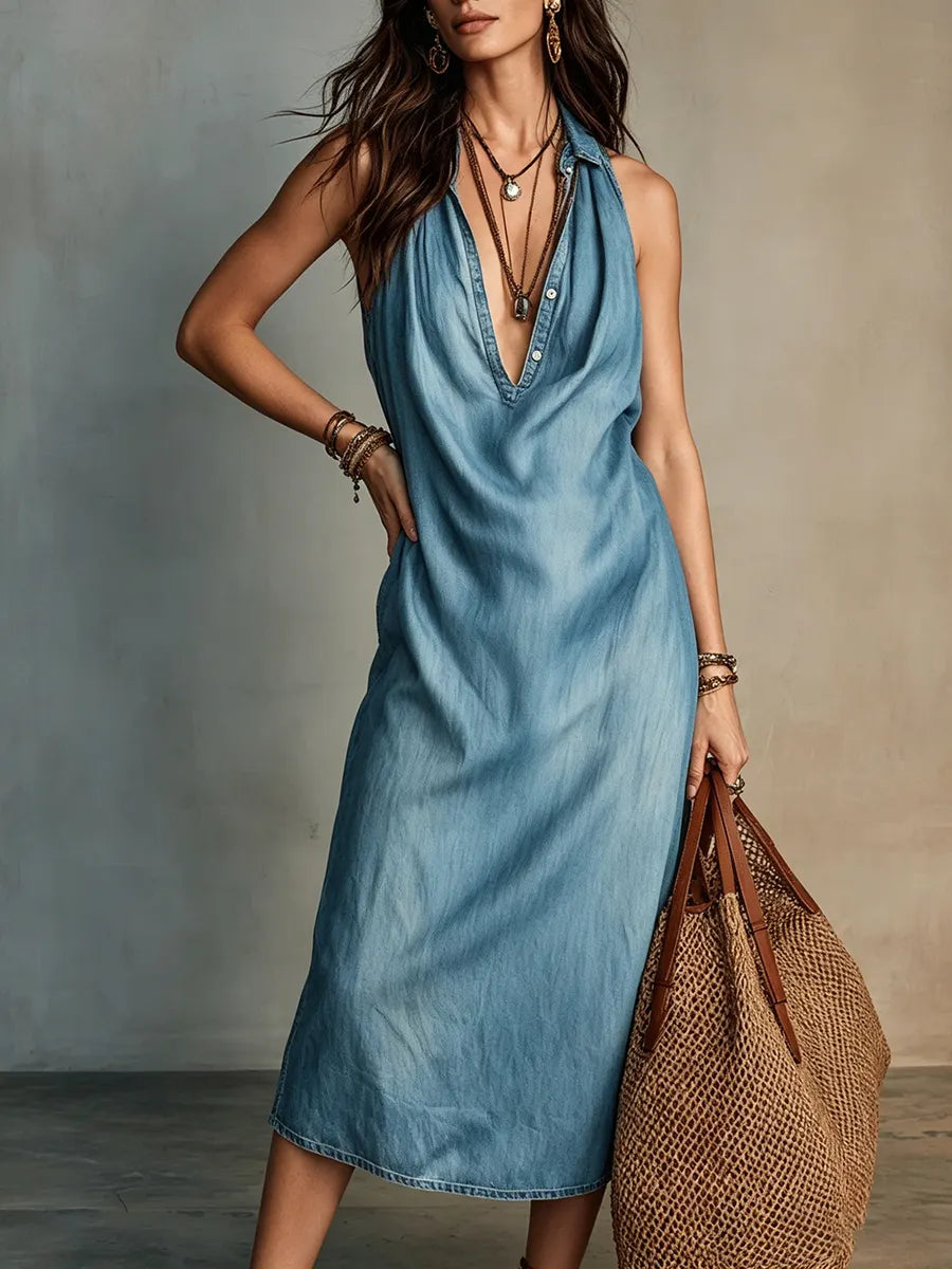 Elegant Draped V-neck Denim Midi Dress