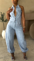 Ladies' Lapel Hollowed Out Casual Style Jumpsuit