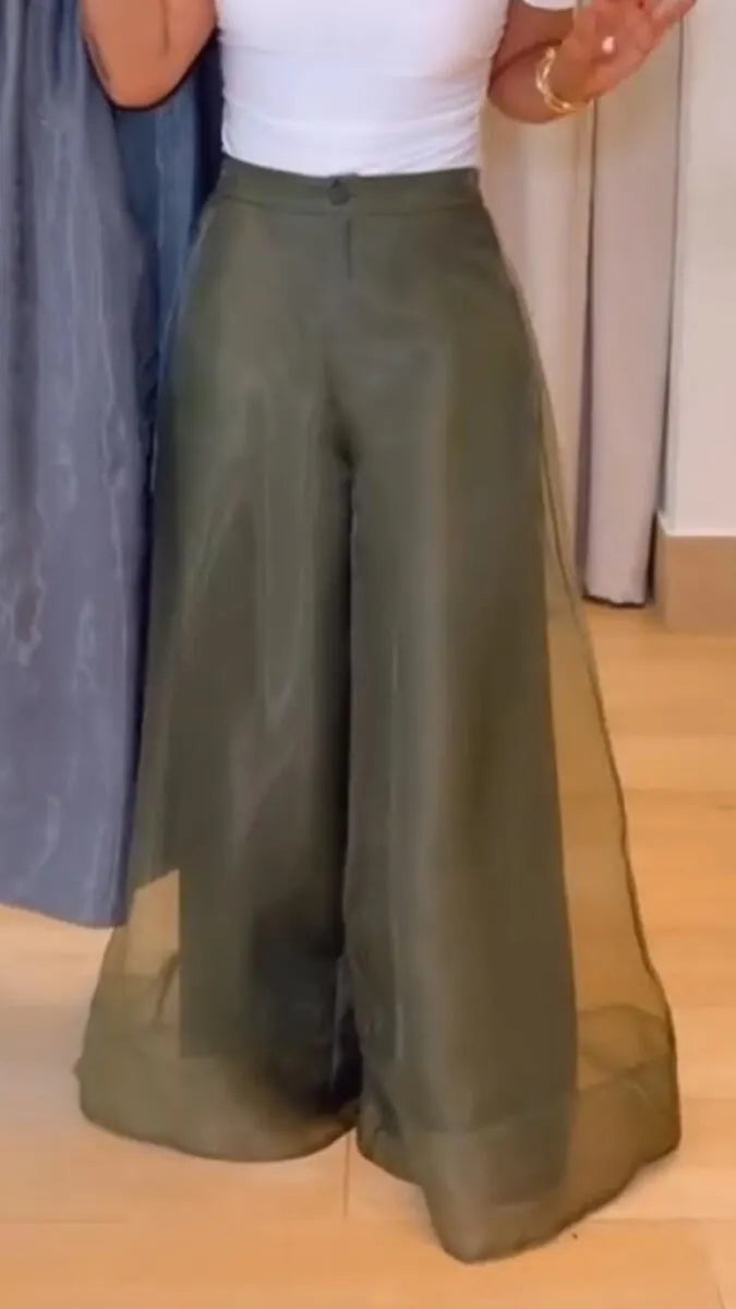 Women Patchwork Chiffon Solid Color Casual Wide Leg Pants