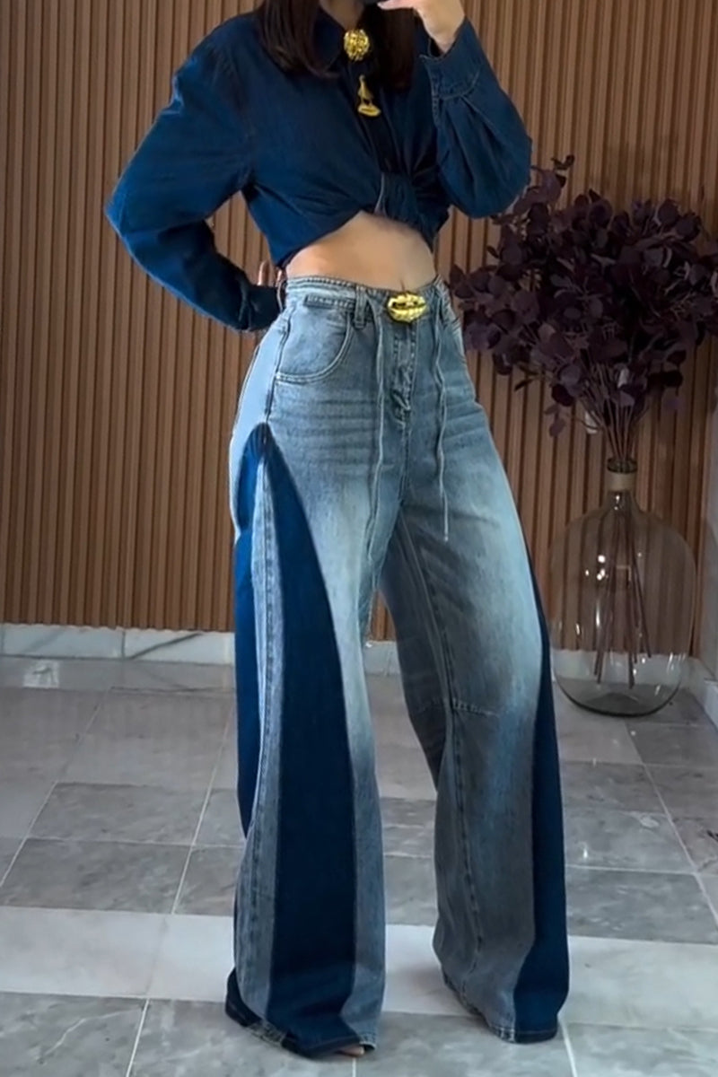 Women's Casual Color Block Wash Wide Leg Jeans