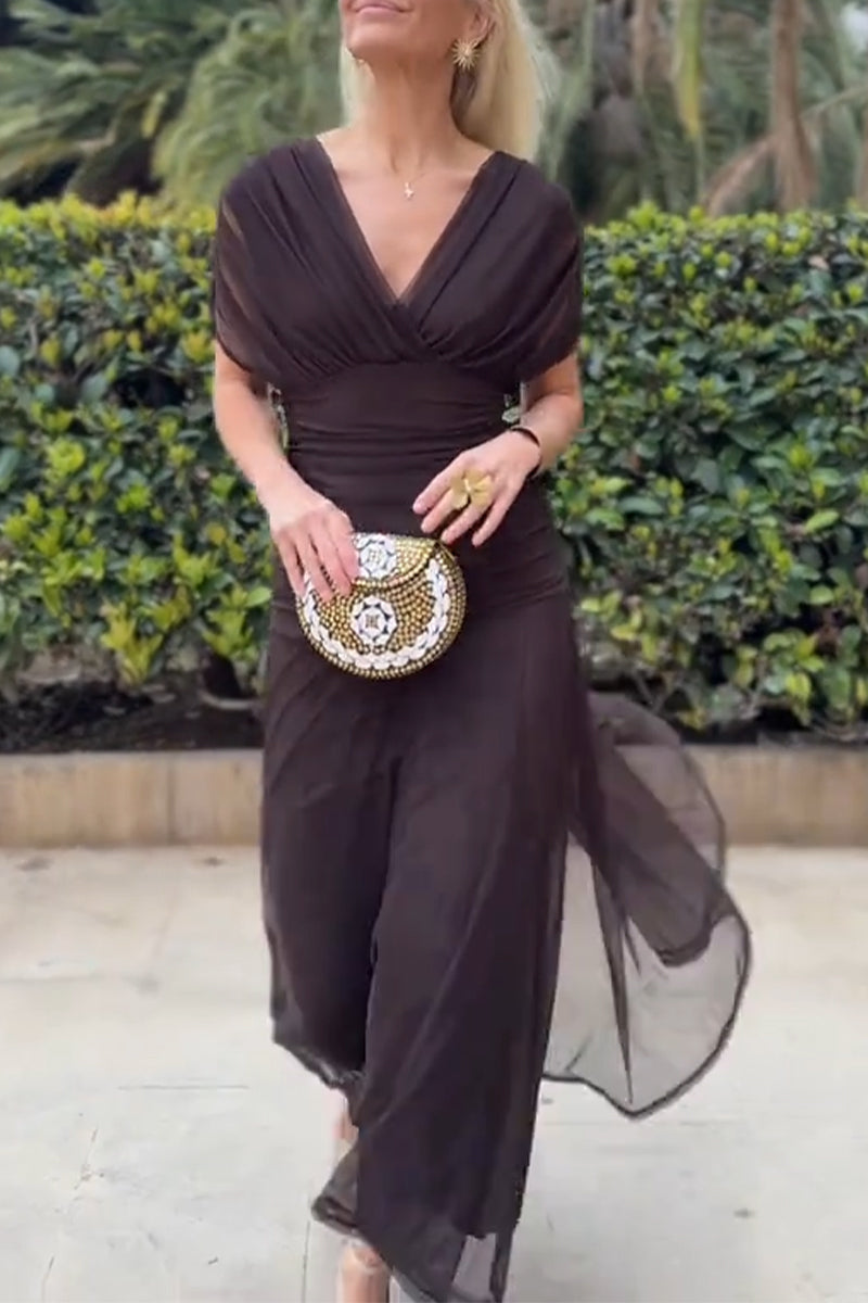 Women V-neck Waist Cinching Solid Color Elegant Casual Maxi Dresses