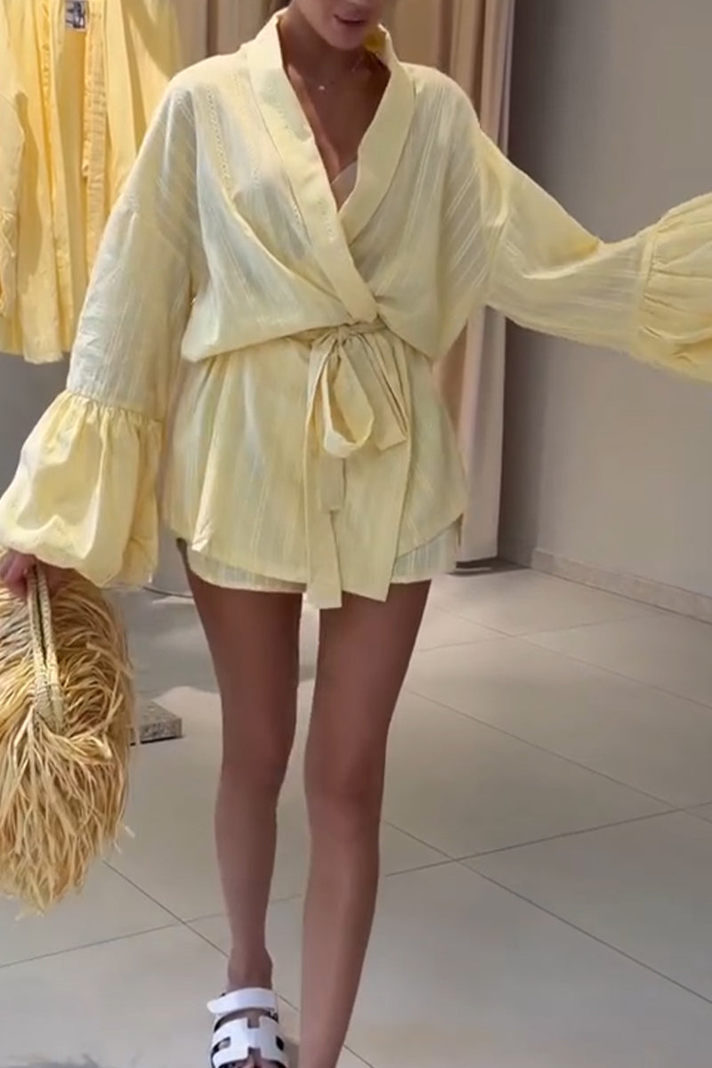 Women's Collar Patchwork Large Cuff Cardigan+ Shorts Casual Set
