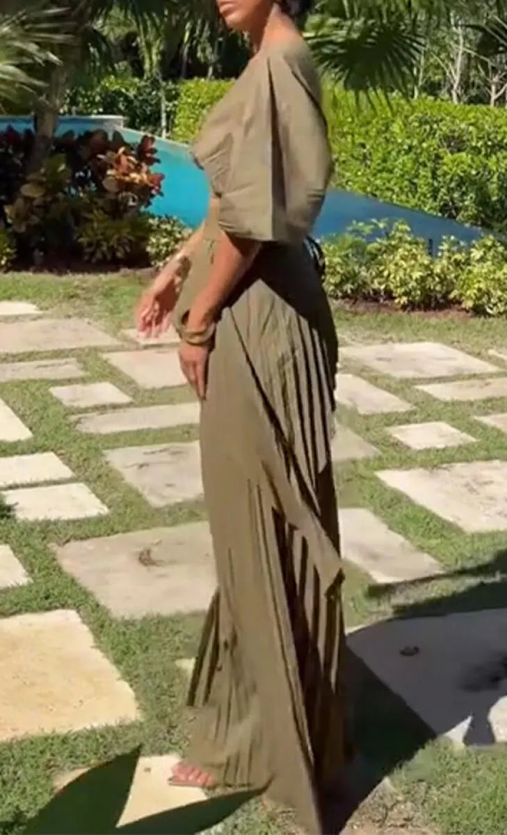 Women V-neck Short Top + Patchwork Pleated Wide Leg Pants Solid Color Temperament Casual Set