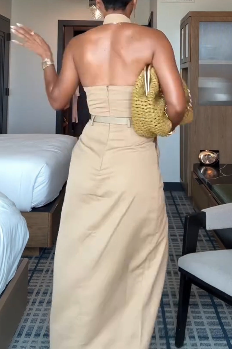 Women's Neck Hanging Waist Cinching Slit Elegant Temperament Dress
