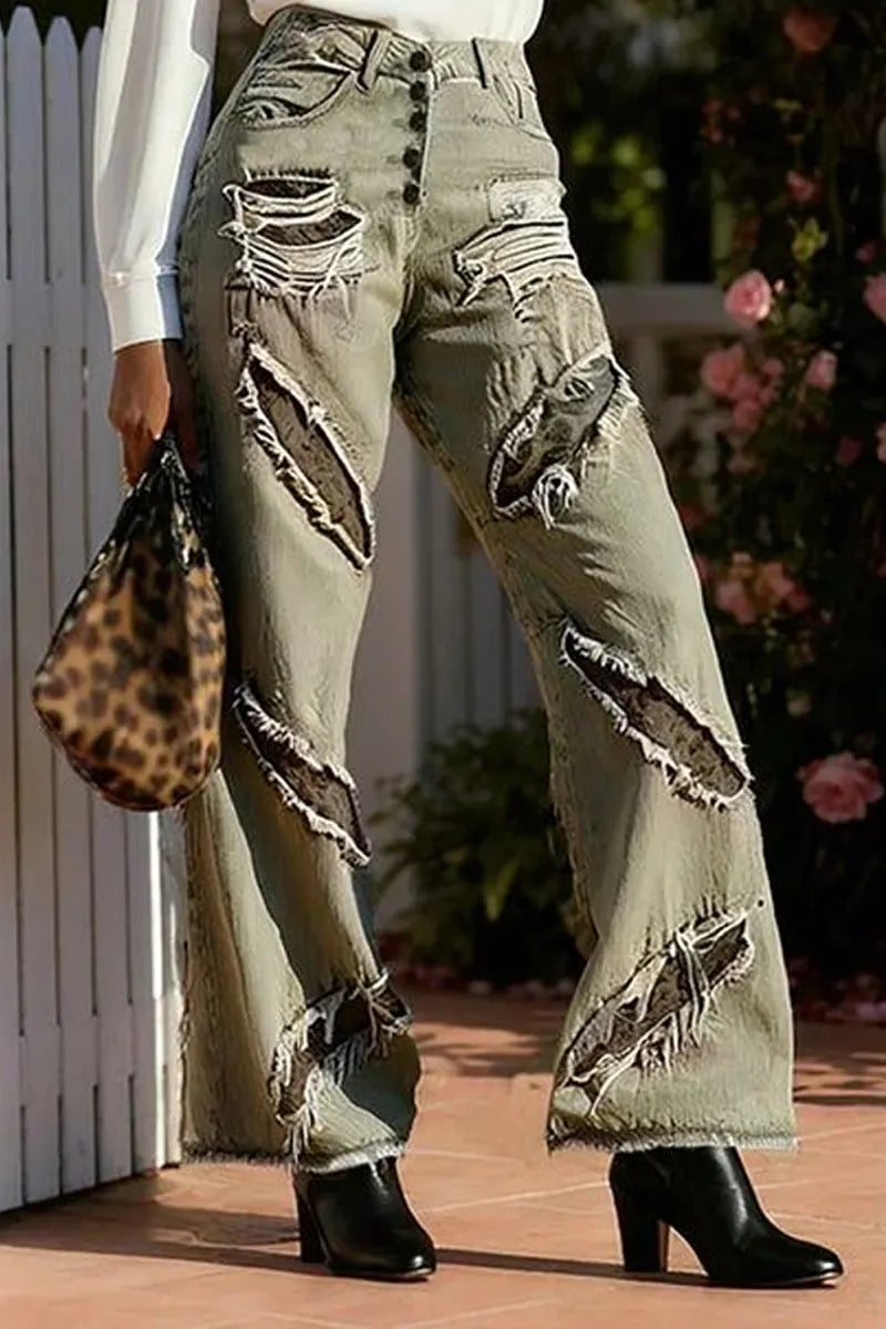 Hot Selling Women's Casual Washed Ripped Straight Leg Jeans