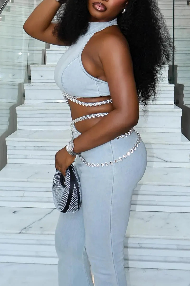 Women's Sparkling Rhinestone Trim Denim Halter Top Or High Waist Flare Pants