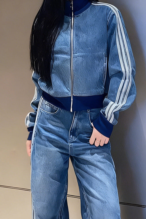 Women's Retro Cropped  Denim Jacket + Striped Side Jeans