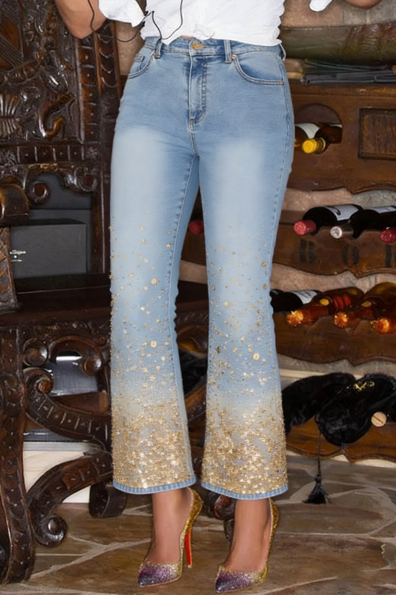 Ladies' Hot Selling Casual Gradient Sequin Flared Jeans