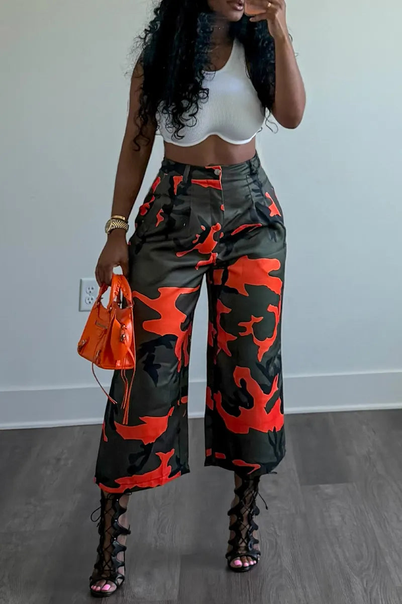 Women's Casual Camo Wide Leg Cropped Pants