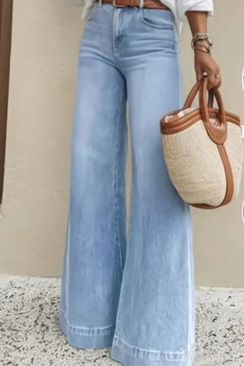 Women Light Blue Washed High Waist Butt Lifting Wide Leg Full Length Denim Jeans