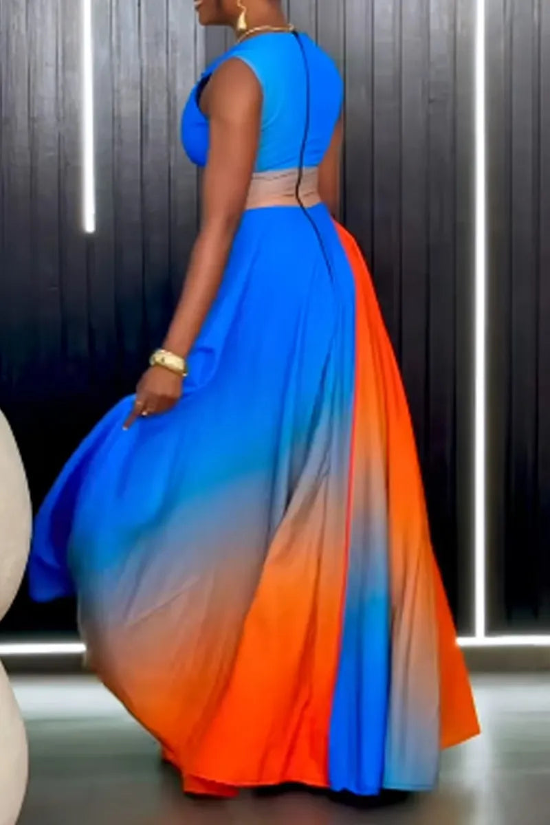 Women Contrast Gradient Color Deep V Sling Waist Cutout High Slit Maxi Dress