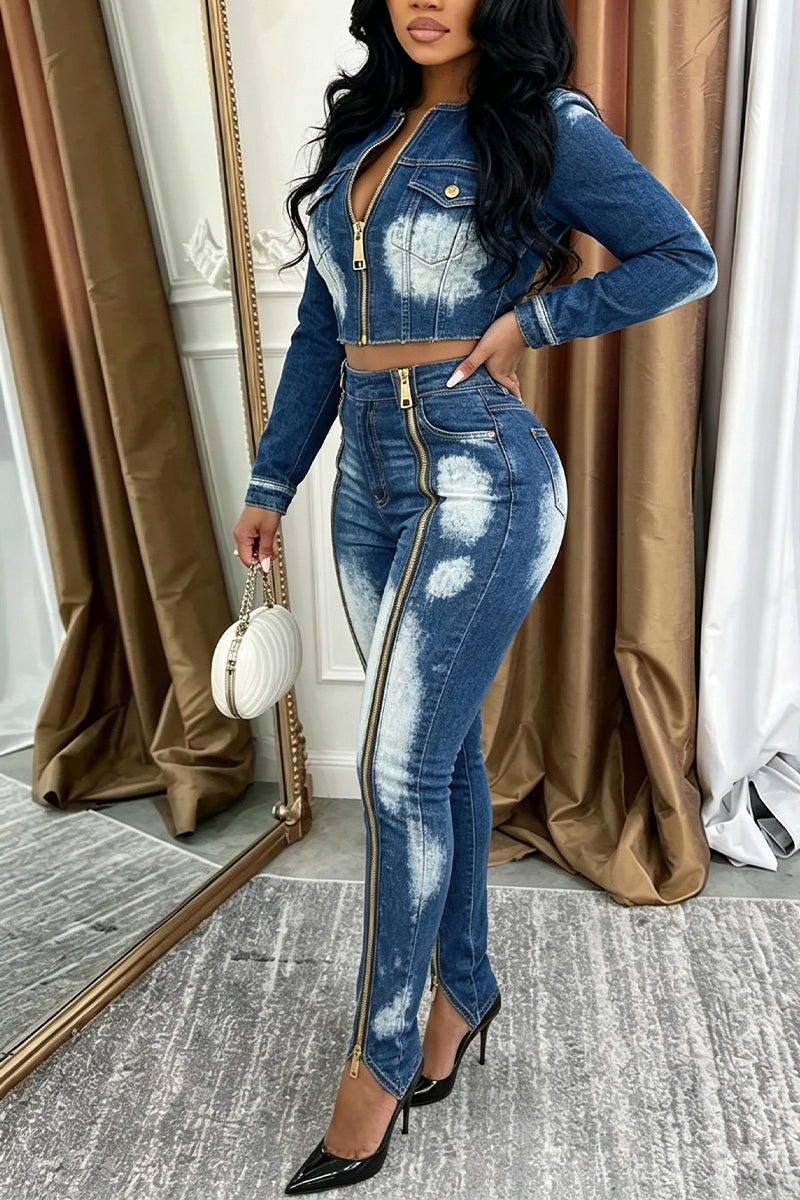 Women's Round Neck Washed Water Zipper Denim Jacket or Tight Jeans