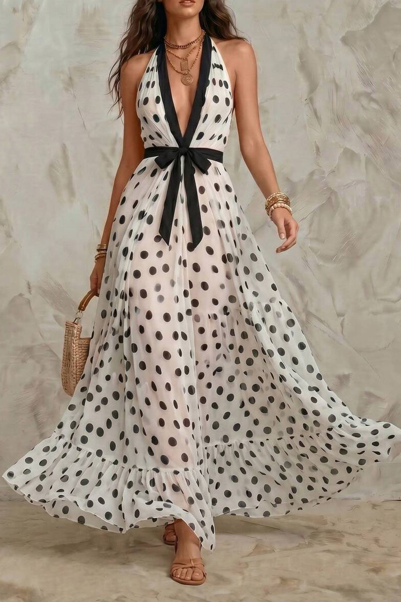Women's Deep V-neck Polka Dot Print Waist Cinching Elegant Casual Dress