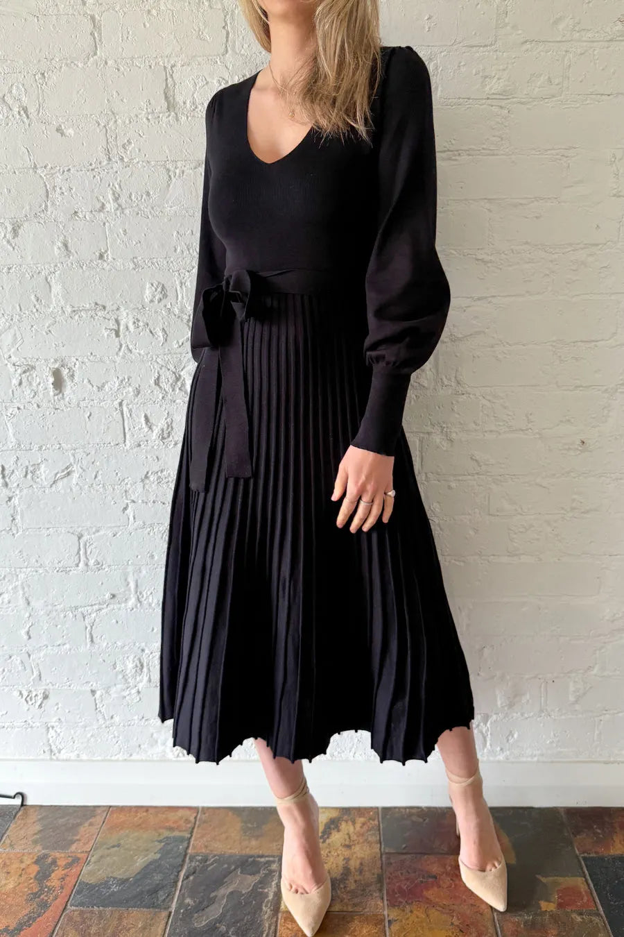 Ladies U-neck Patchwork Pleated Elegant Casual Dress