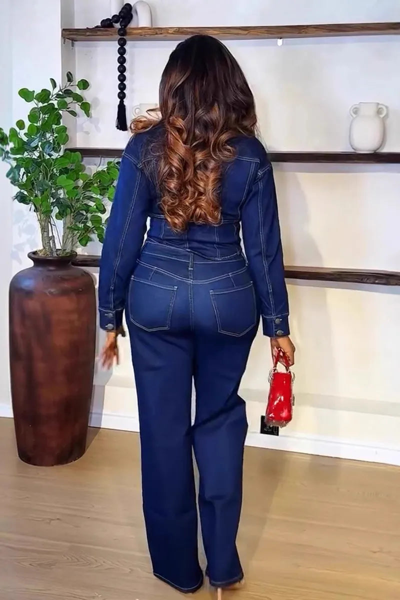 Women's Modern Long Sleeve Jacket + Wide Leg Jeans Two-Piece Set