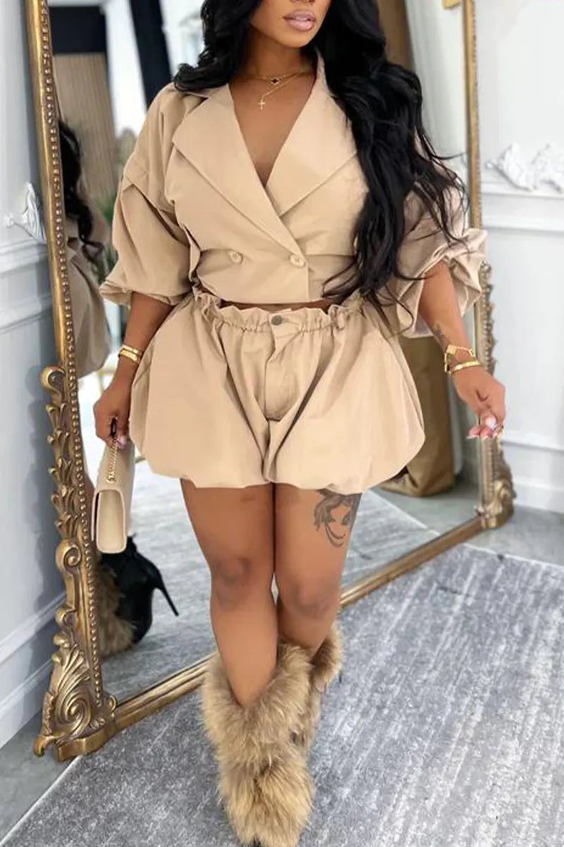 Women's Collar Top+ Shorts Elegant Casual Suit