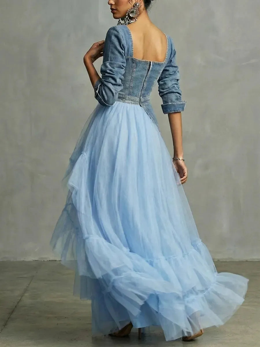 Women's Retro Denim Organza Patchwork Art Casual Maxi Dress