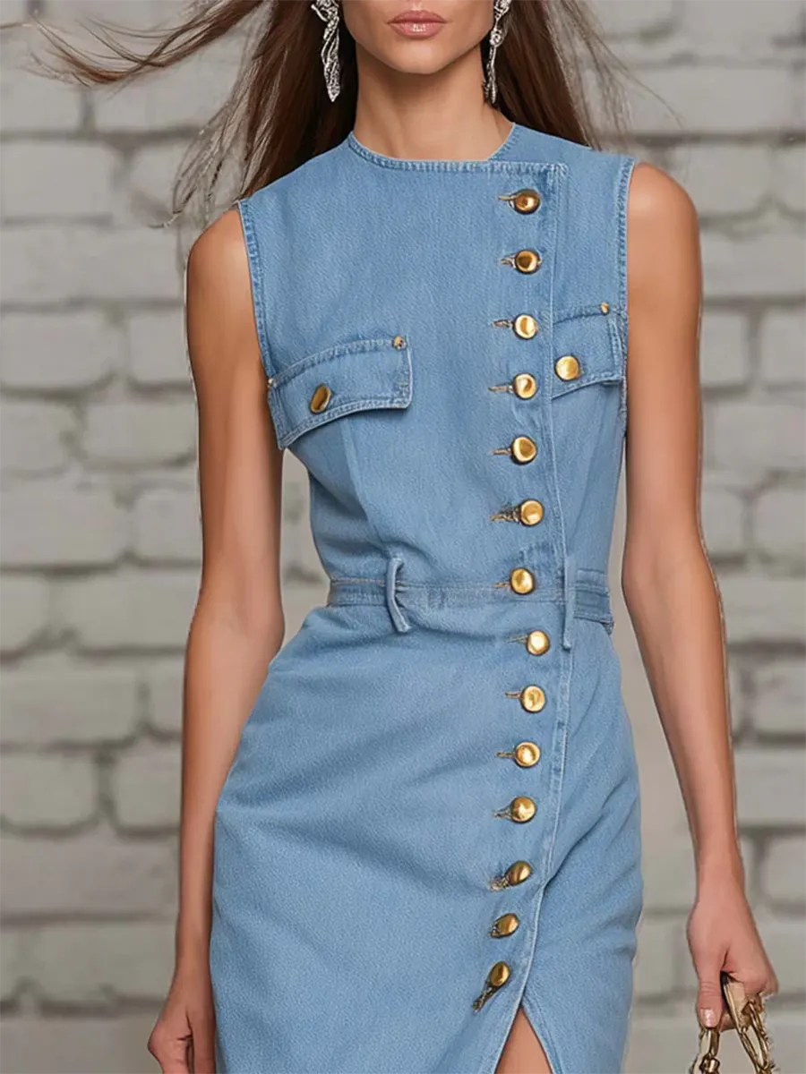 Stylish Button Slit-design Denim Dress