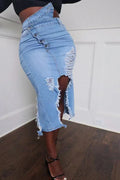 Ladies' Casual Denim Ripped Asymmetric Hem Mid Length Skirt