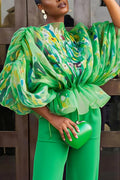 Women's Statement Chiffon Blouse with Abstract Floral Print & Balloon Sleeves